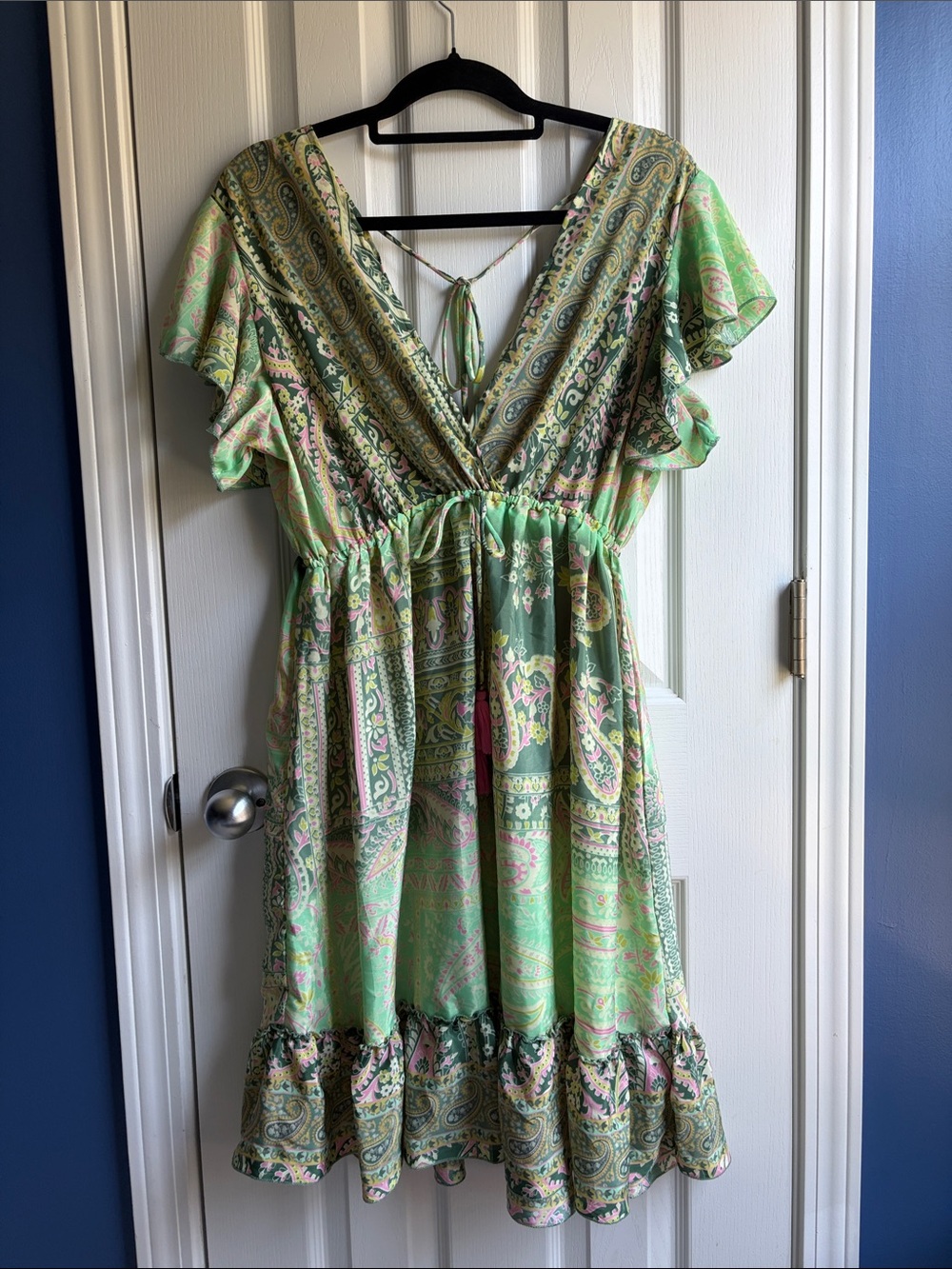 Bigg Bull Silk Blend Boho Midi Dress Green Paisley Flutter Sleeve Tassel Tie OS